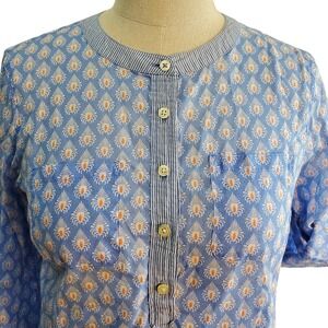 Talbots Blue White Orange Long Sleeve‎ Roll Tab Button Up Top Size Petite S
